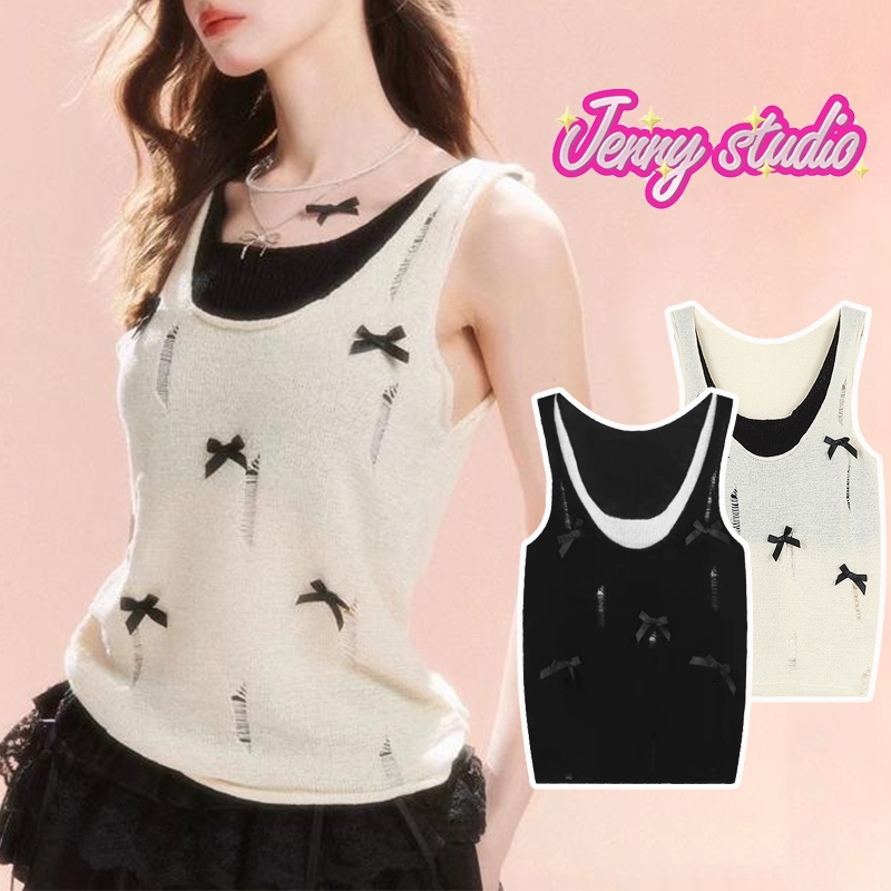 Jenny พร้อมส่ง เสื้อกล้ามครอปผู้หญิง 2ชิ้นดีไซน์เก๋ มีโบว์เล็กๆติดเสื้อ ทรงหลวม ผ้าไหมพรหมไม่คัน สไตล์เกาหลี แฟชั่นมาก
