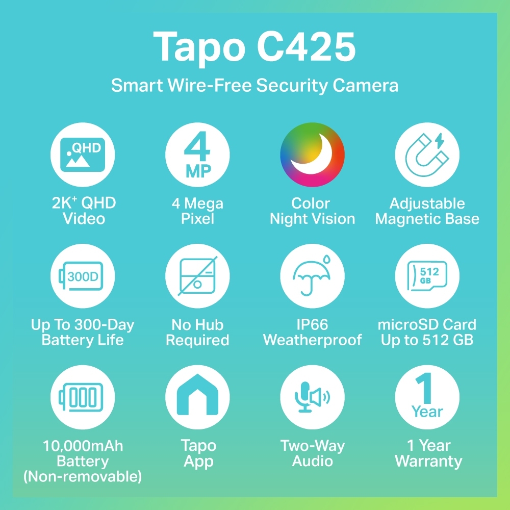TP-Link Tapo C425 กล้องวงจรปิดไร้สาย 2K QHD IP66 ภาพสีกลางคืน มีAI ตรวจจับ แบตอึด