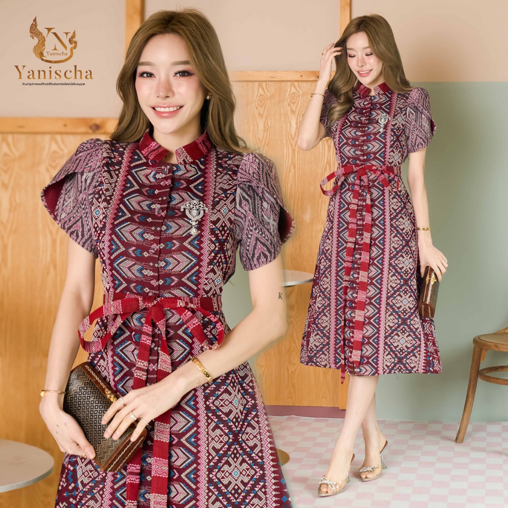 Yanischa Dress เดรสผ้าฝ้าย ผ้าฝ้ายทอลายไหมพิมาน ชุดไปวัด ทำบุญ