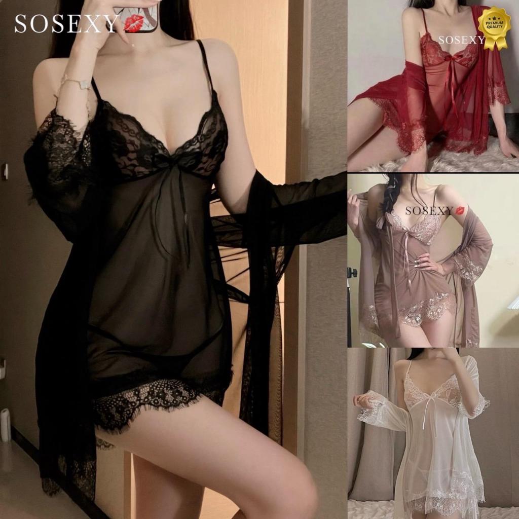 Sosexy ชุดนอน 3 ชิ้น ชุดนอนสายเดี่ยวเสื้อคลุมพร้อมกกน งานเกรดดี ผ้าซีทรูนิ่ม (พร้อมส่งจากไทย)