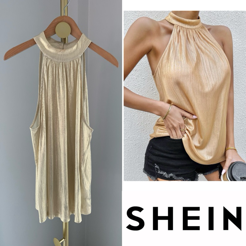 เสื้อสีทอง คล้องคอ ตัดเว้า ติดกระดุม SHN (used like new)