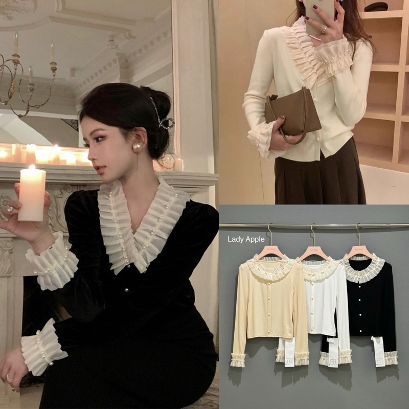 Lady : เสื้อแขนยสวผ้าร่องแต่งรอบคอบและแขนเสื่อด้วยผ้าไหมแก้วจีบระบาย