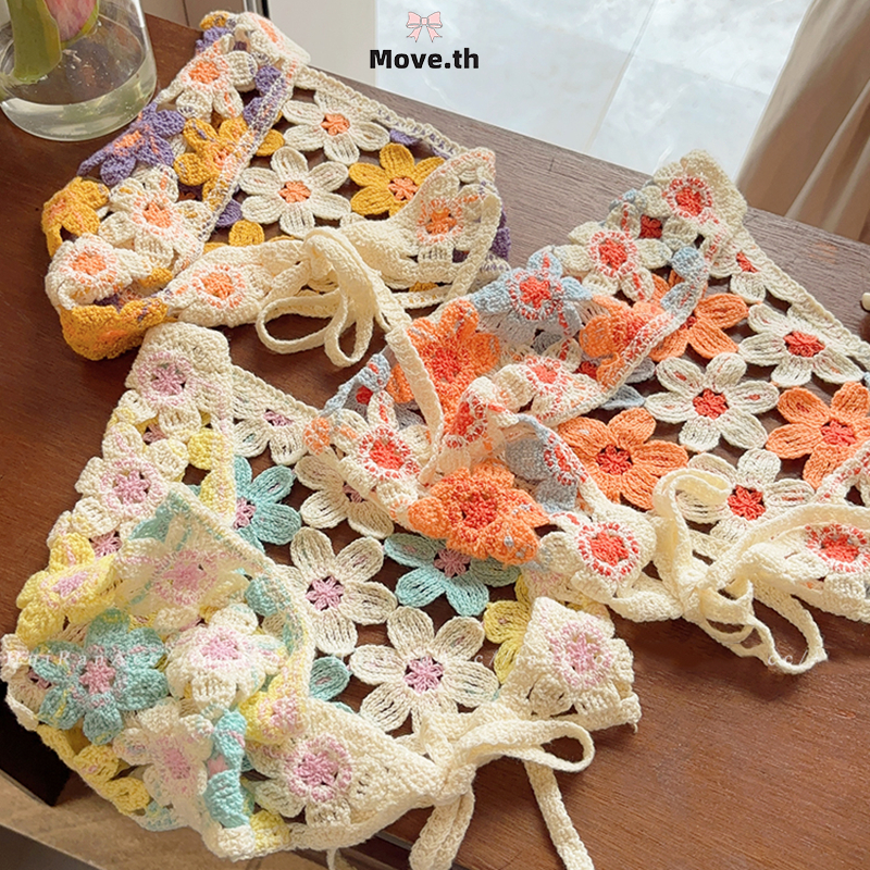 ในไทย-พร้อมส่ง ผ้าโพกหัว ลายดอกไม้ กลวง ผ้าคลุมผม ถัก Insสไตล์เกาหลี แฟชั่นสําหรับผู้หญิง การออกแบบ Dopamine-Move