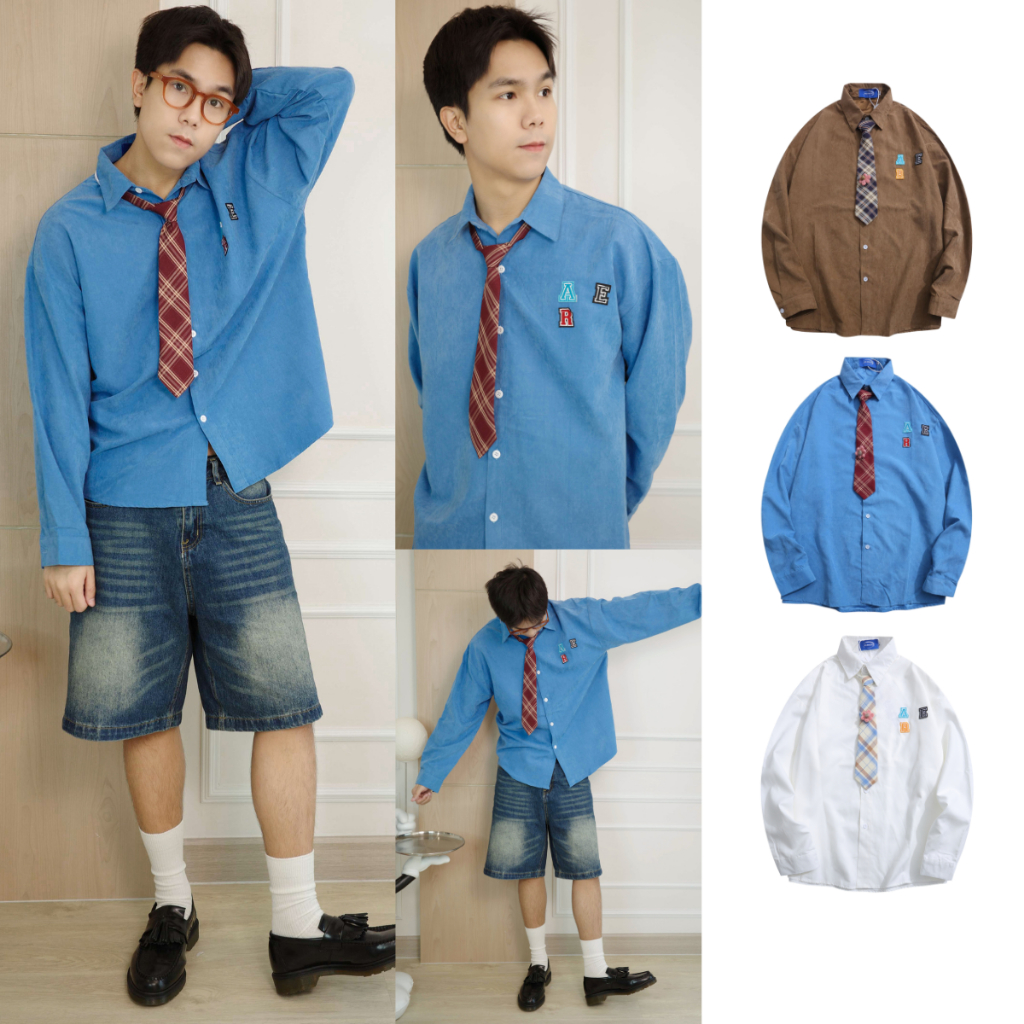 เสื้อเชิ้ตแขนยาวเกาหลีแถมเน็กไทน์เข็มกลัดดอกไม้ Korea Shirt Cute Stye Premium
