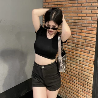 เสื้อครอปคอกลมแขนสั้น ผ้าเรย่อนยืดเยอะมาก สาวอวบใส่ได้ค่า 🫧พร้อมส่งทุกสี รุ่น ครอปเรียบ B-045-3-AAA