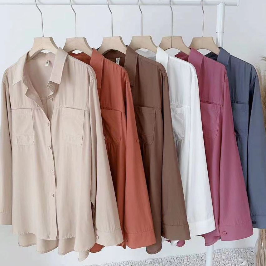 berry pink เสื้อเชิ้ตหญิงผ้าดีทรงหลวมมีกระเป๋า เสื้อแขนยาวผู้หญิงสีพื้น รุ่นยอดฮิต คอปก ชุดใส่ทำงาน