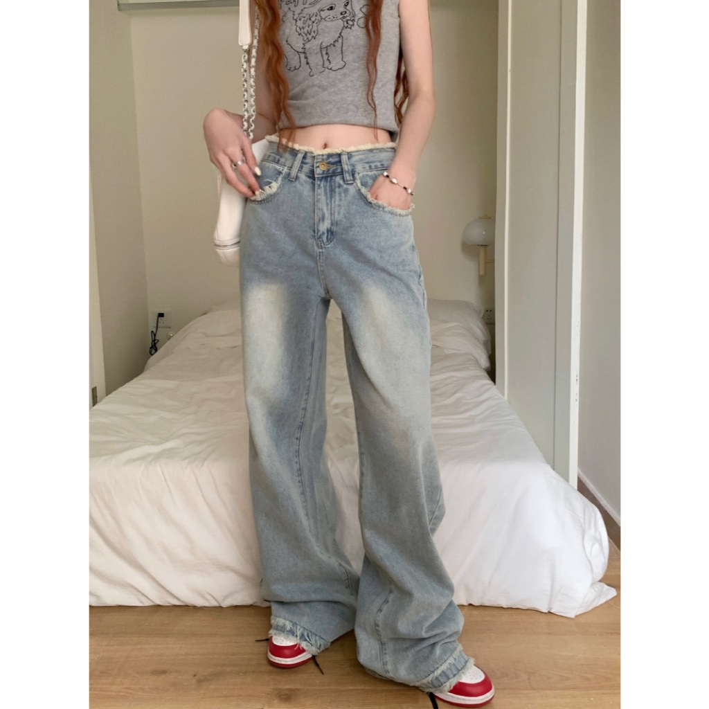 กางเกงยีนส์เอวสูงผู้หญิง กางเกงยีนส์สีน้ำเงินอ่อน กางเกงขากว้างลำลอง ผ้าใส่สบาย