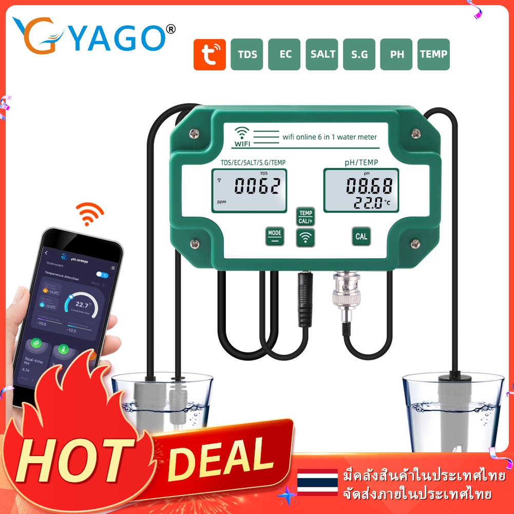 RCYAGO Tuya WiFi สมาร์ท PH Meter, ตู้ปลา น้ำดื่ม 6-in-1 PH/EC/TEMP/EC/SG/TDS Meter with Backlight