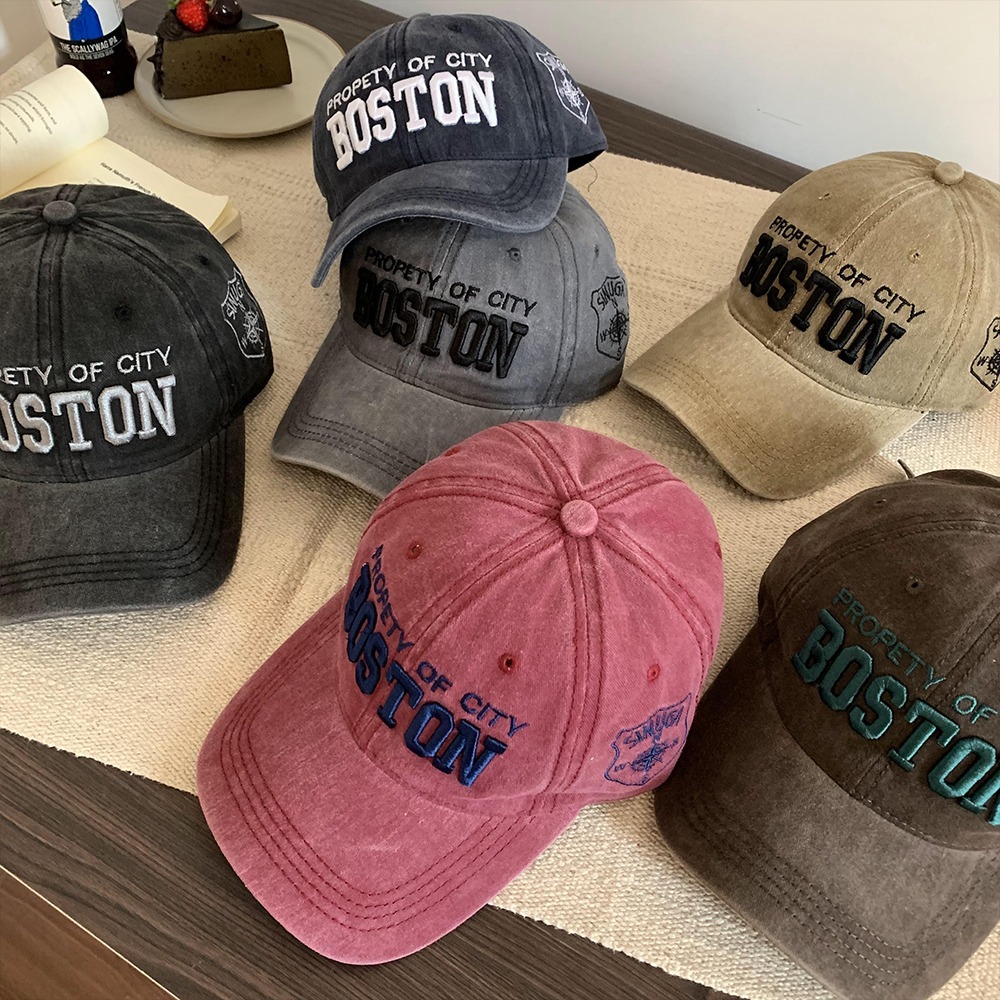 ♞หมวกแก๊ปเบสบอลปัก BOSTON  CITY เนื้อผ้ายีนส์ฟอก มี 6 สี สไตล์เกาหลี