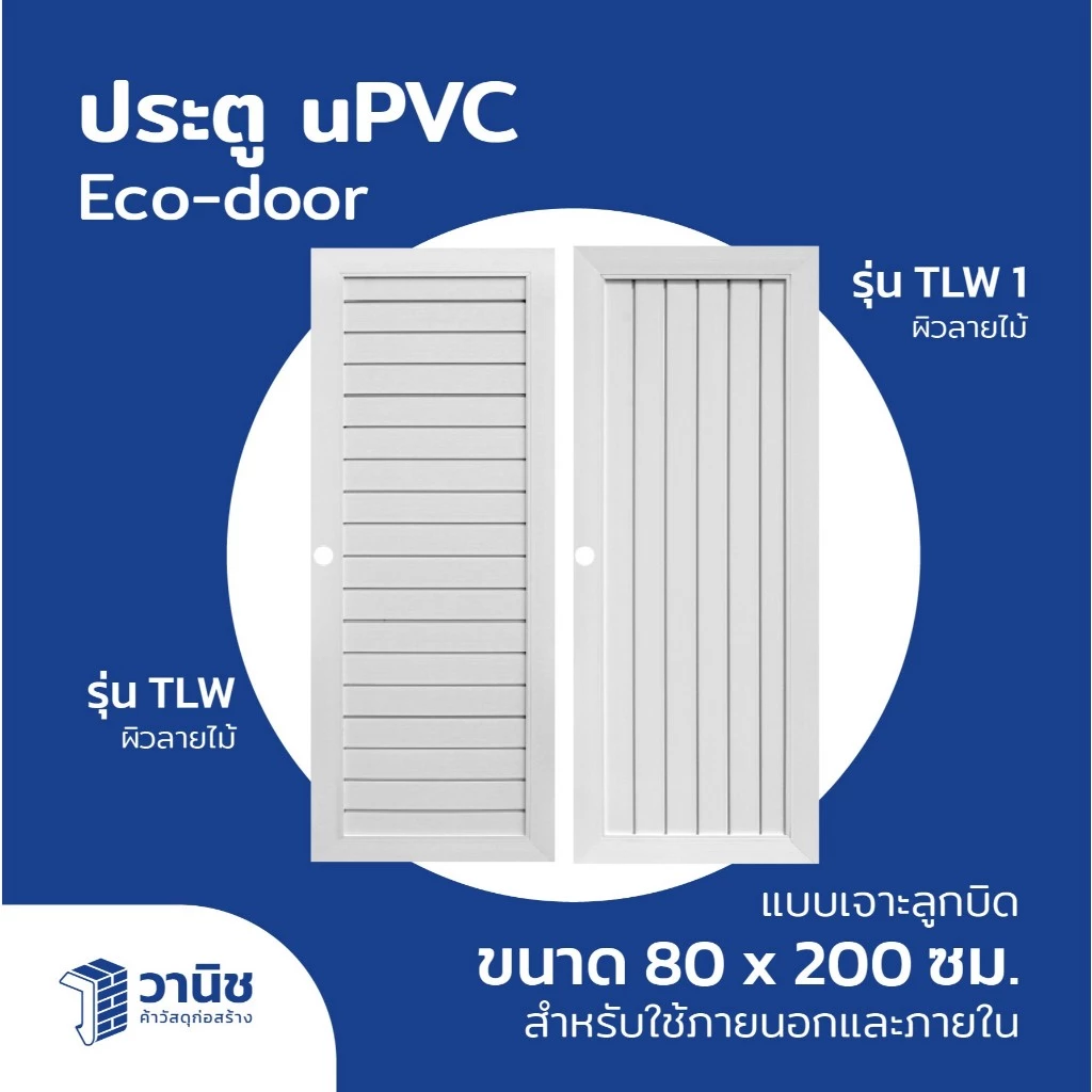 ประตู uPVC Eco-door ขนาด 80x200 ซม. มี 2 รุ่น TLW, TLW 1 แบบเจาะ, แบบไม่เจาะลูกบิด สีขาว สามารถใช้ได้ทั้งภายนอกและภายใน