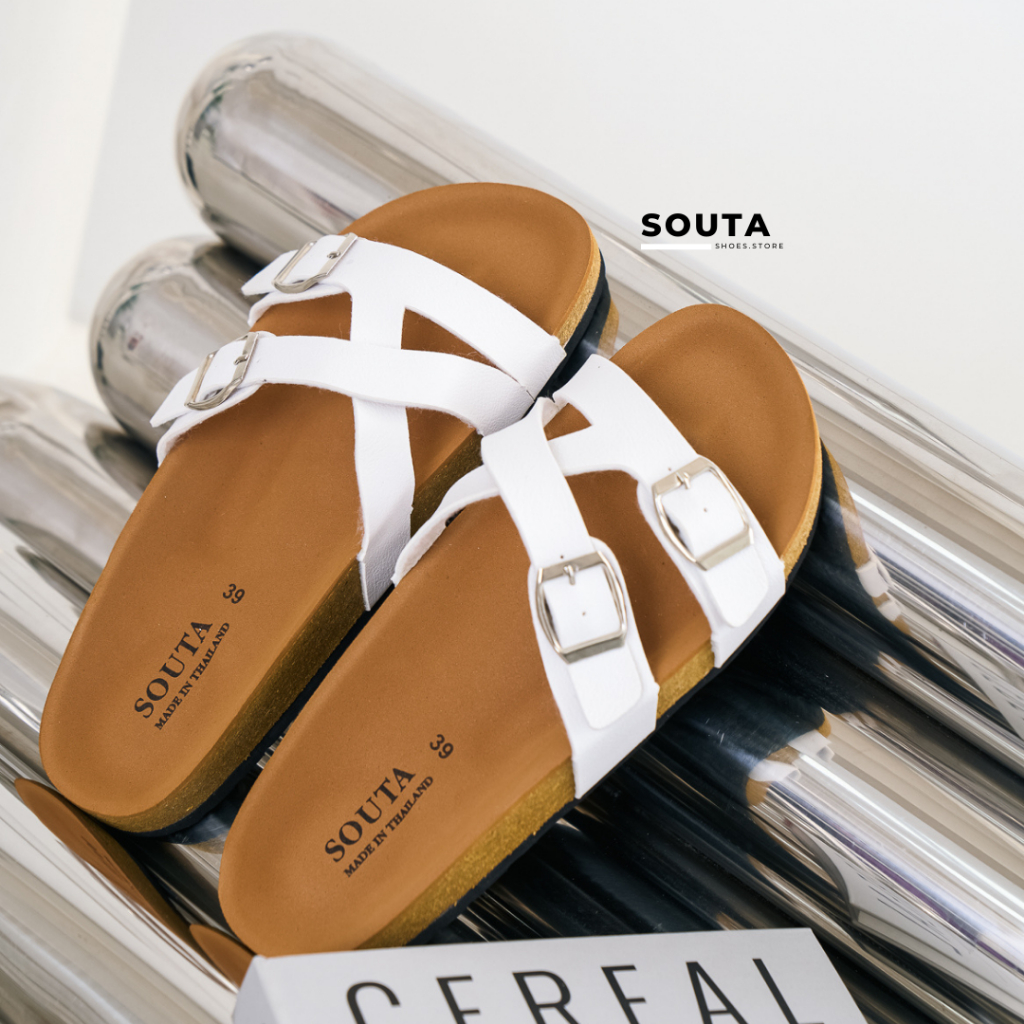 ⛄️Souta รองเท้าแตะสไตล์วินเทจ รวมรุ่นสายขาวพื้นน้ำตาล ไบเก้น⛅️ >> *ลด1ไซส์*