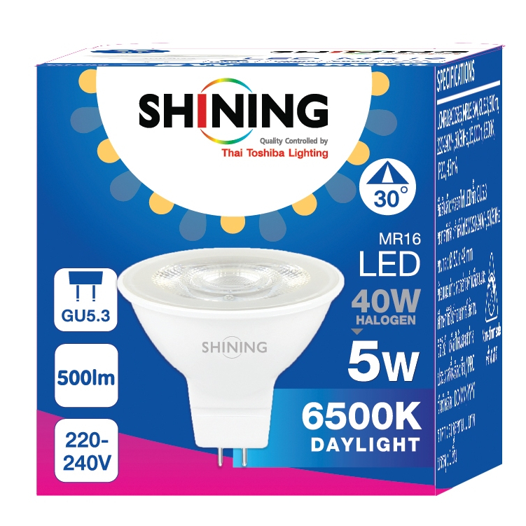 หลอด LED SHINING MR16 7 วัตต์ GU5.3 แสงเหลือง 2700K ไฟส่องเฉพาะจุด หลอดไฟโตชิบา Toshiba Lighting