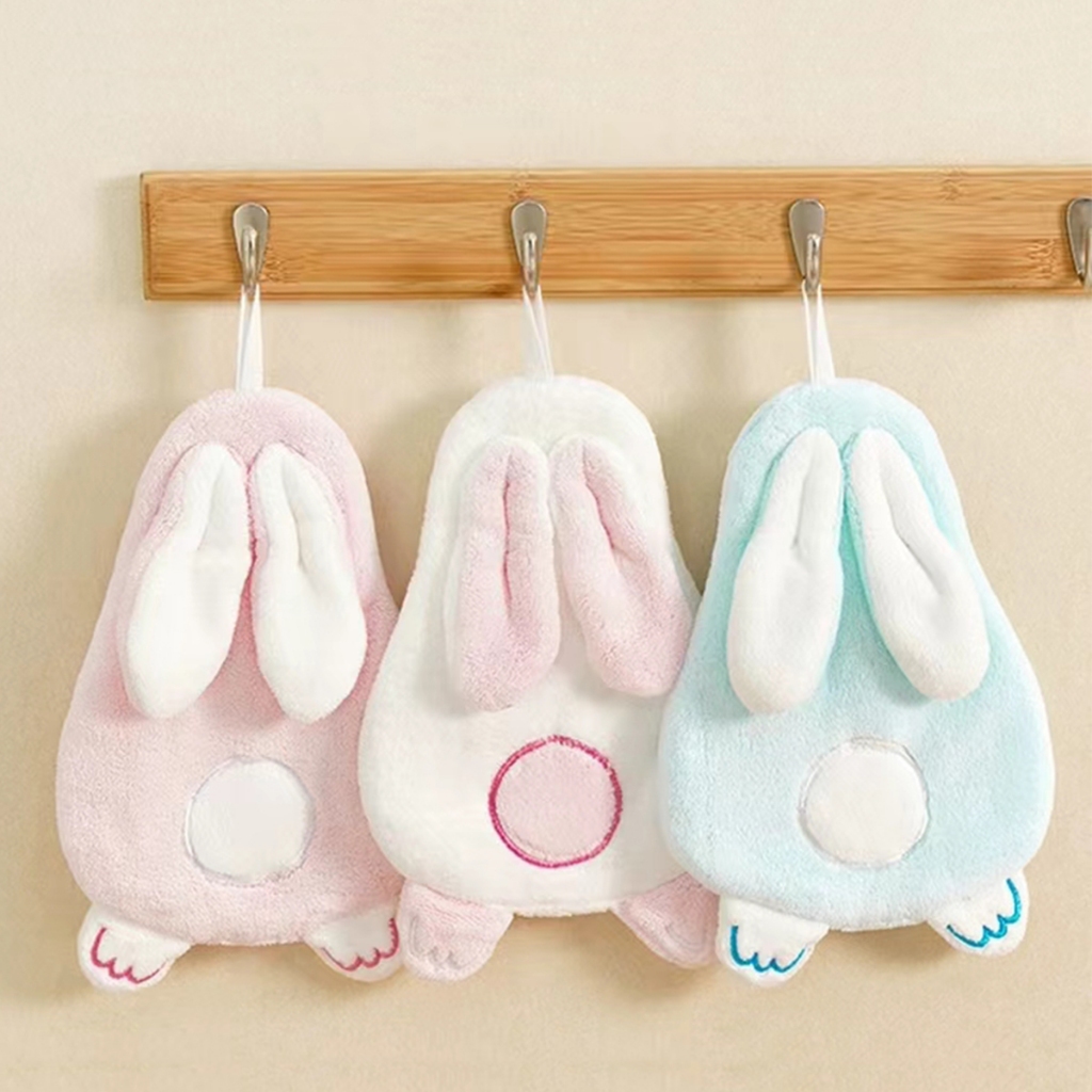 ผ้าเช็ดมือ ผ้าขนหนู หนานุ่ม ลายกระต่ายน่ารัก แขวนได้ สําหรับใช้ในห้องครัว ห้องน้ำ