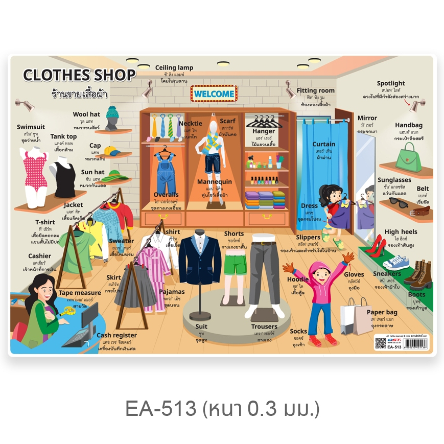 โปสเตอร์ความรู้ ชุดคำศัพท์ในร้านค้า ขนาด A4 EA-513 ร้านขายเสื้อผ้า เนื้อพลาสติก มีถุงหุ้ม
