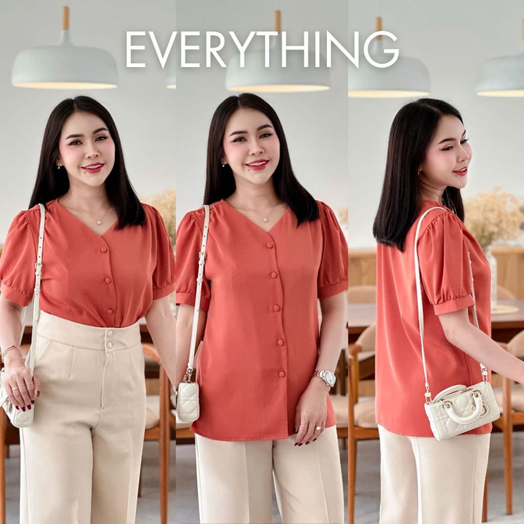 Everything2019 เสื้อทำงานผู้หญิงคอวี กระดุมหน้า แขนสั้น สีพื้น ผ้าลื่นสวย มีไซซ์ XS-3XL หน้าผ้า 36-48 (6435)