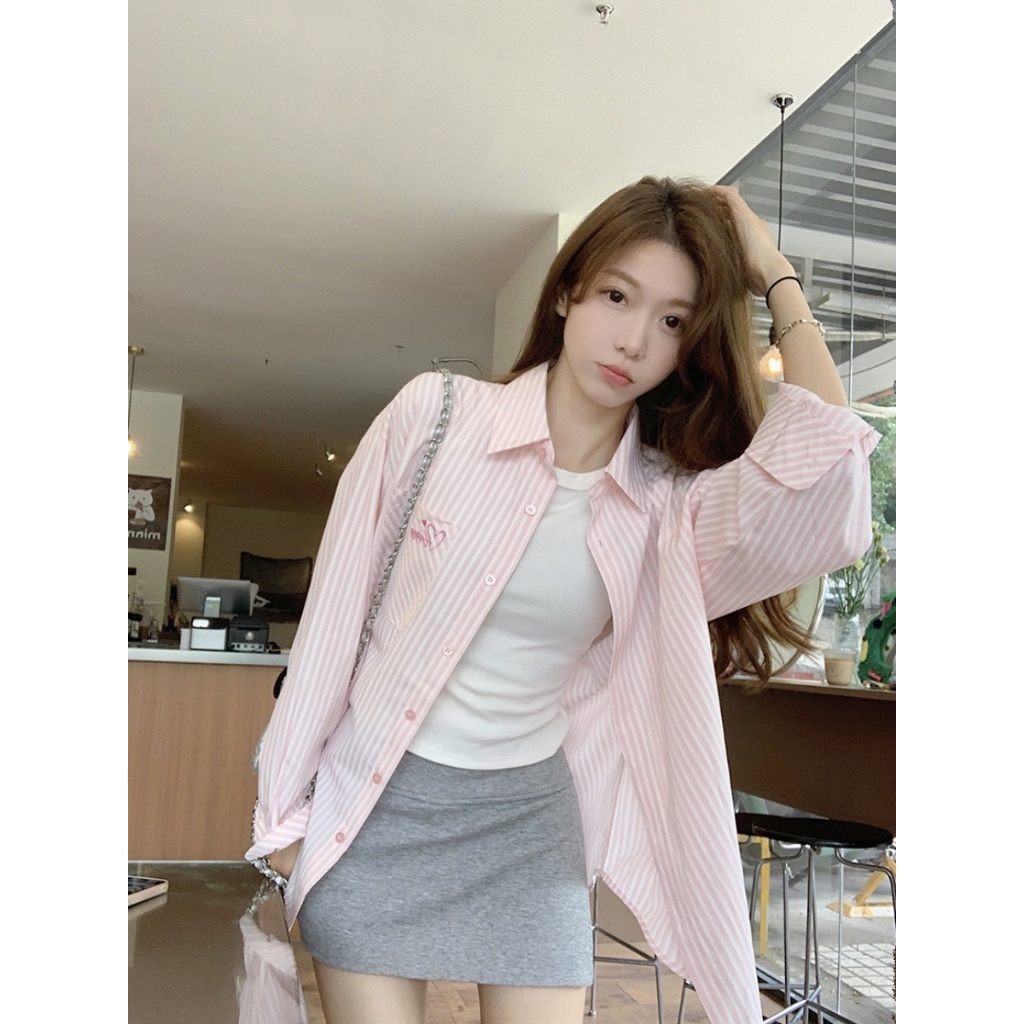 Dahong W419 เสื้อเชิ้ตแขนยาว ประดับโบว์ประดับโบว์ กันแดด ลายทาง สีชมพู ใส่แล้วดูแพง