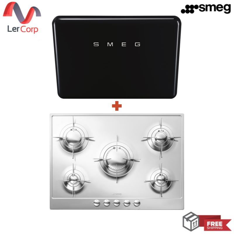 (Smeg) เครื่องดูดควันชนิดติดฝาผนัง รุ่น KFAB75BL สีดำ + เตาแก๊ส ดีไซน์ Piano รุ่น P705ES