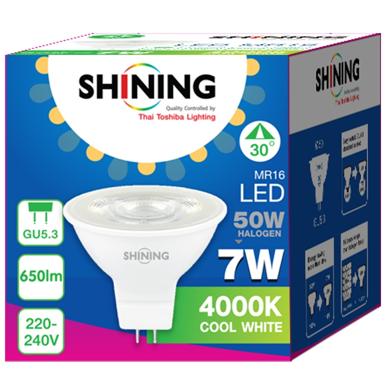 หลอด LED SHINING MR16 7 วัตต์ GU5.3 แสงขาวนวล 4000K ไฟส่องเฉพาะจุด หลอดไฟโตชิบา Toshiba Lighting