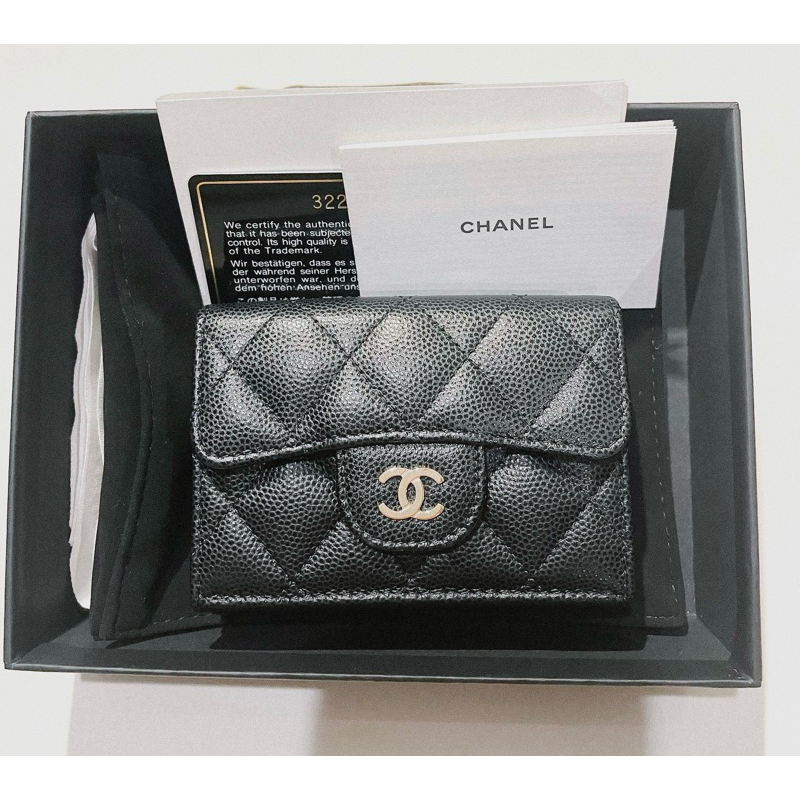 Authentic Chanel Black Quilted Caviar Classic Flap Wallet Pale Gold