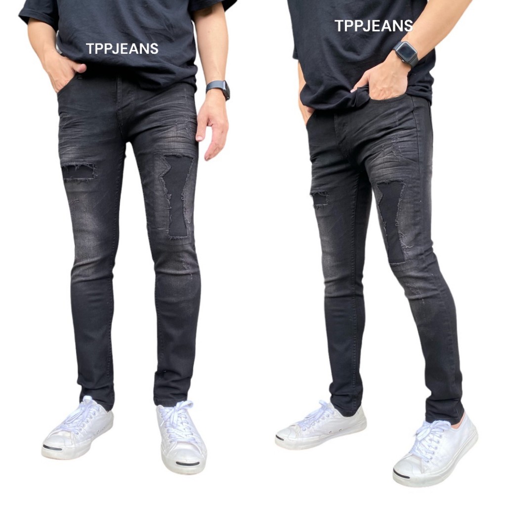 JEANSEXPRESS Skinny Jeans กางเกงยีนส์สกินนี่ชายสีดำฟอก ยีนส์ยืดแต่งปะขาด เป้ากระดุม Size 28-36 รับชำระปลายทาง