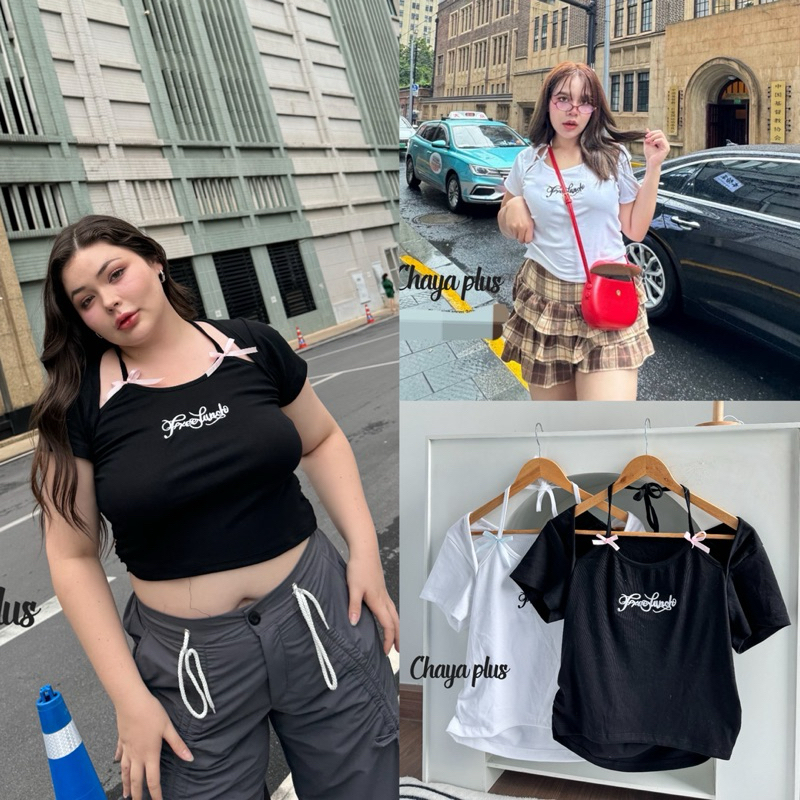 (LD) เสื้อครอปปักอก ดีเทลเชือกผูกคอ แต่งโบว์ ทรงเข้ารูป น่ารัก เก๋ๆ เสื้อผ้าสาวอวบอ้วน พลัสไซส์ ไซส์ใหญ่