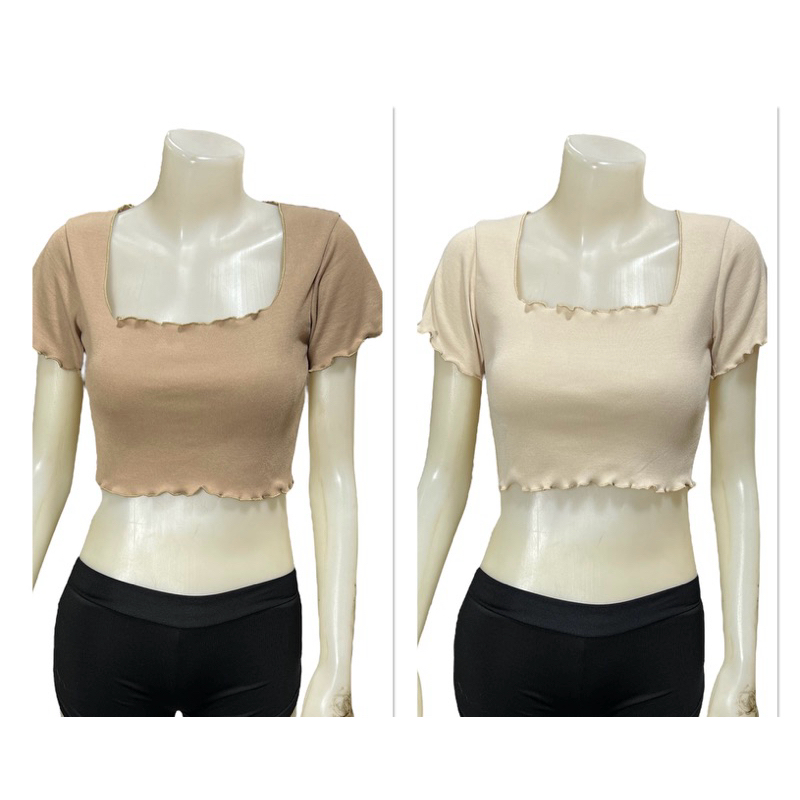 Sns307🥤เสื้อครอป🍫คอเหลี่ยม🍫แขนสั้นขอบหยัก🍺