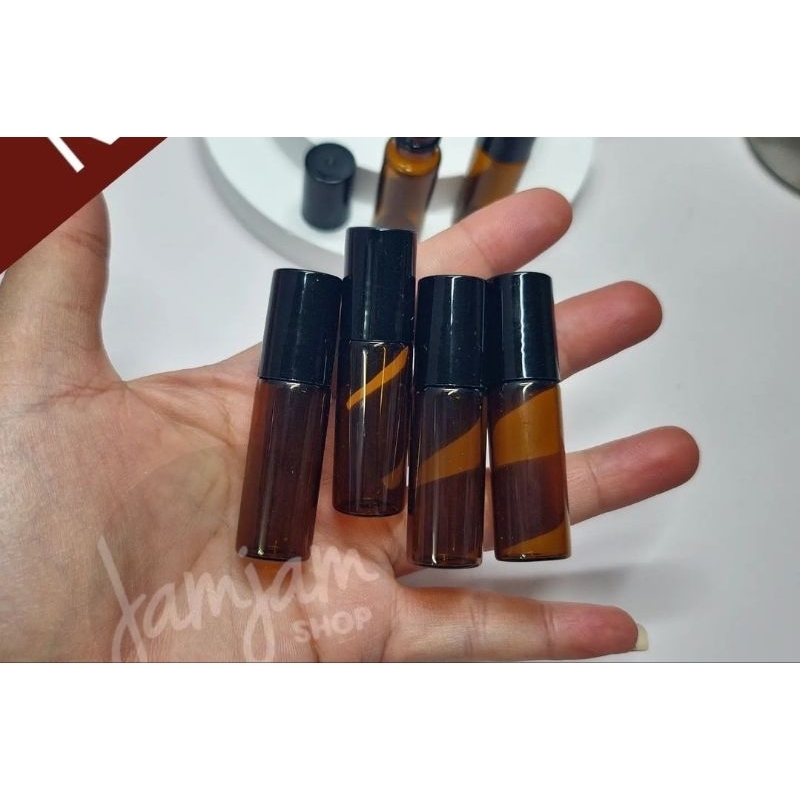 ขวดแก้วลูกกลิ้ง Glass roller bottles (ขวดสีชา-ฝาดำ3/5/10ml.)