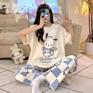 ชุดนอนแขนสั้น ลาย ชุดนอนลายกาตูน ชุดนอนพิมพ์ลายการ์ตูน เสื้อยืดคอกลม+กางเกง BE