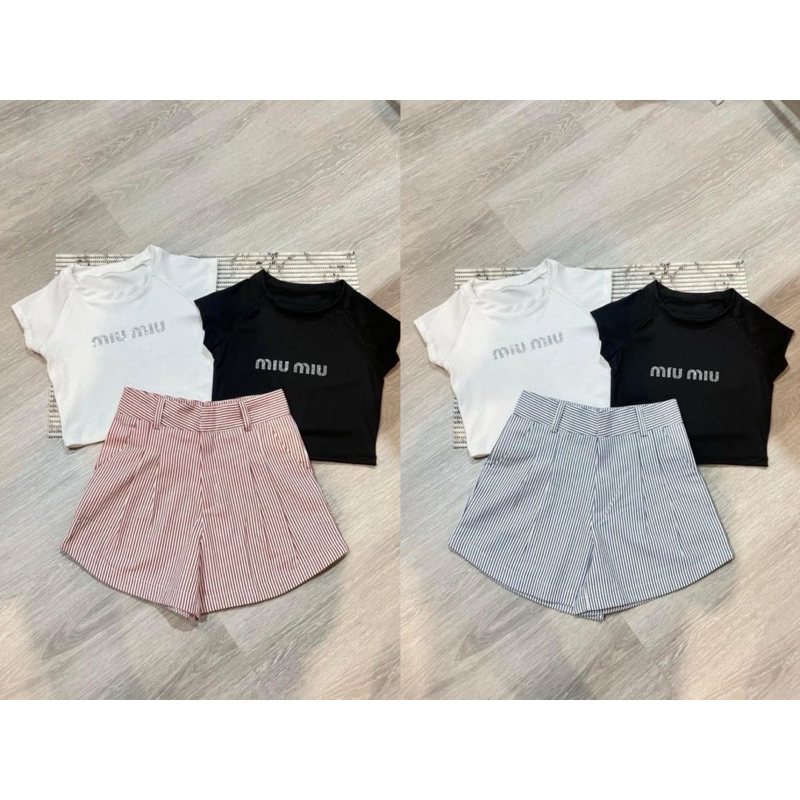 ชุดเซ็ตขาสั้นMiuMiu แฟชั่นผู้หญิง เสื้อยืด กางเกงขาสั้น