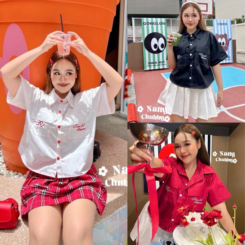 เข้าเพิ่ม พร้อมส่งค่า /JR/ เสื้อสาวอวบ ครอปเชิ้ต ปักกระเป๋า แต่งสีตัด #เสื้อผ้าไซส์ใหญ่ สาว อ้วน พลัสไซส์