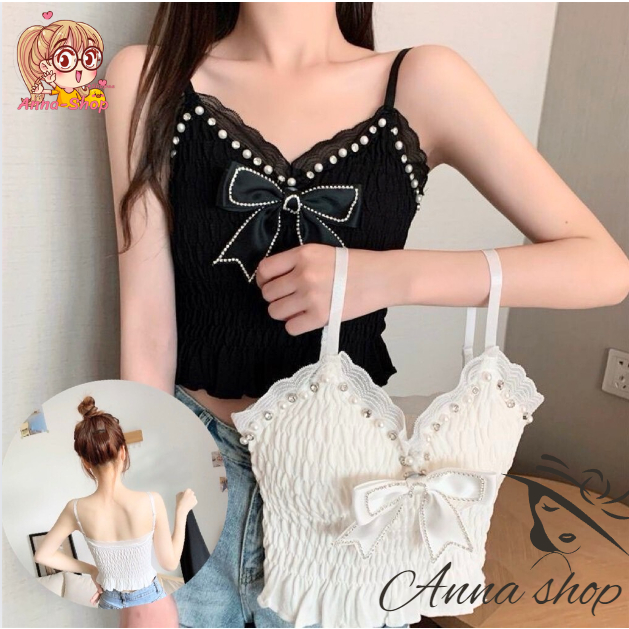 Anna shop เสื้อสายเดี่ยว สม็อคหลัง เสื้อแฟชั่น  ติดเข็มกลัดโบว์ แต่งไข่มุก 🎀 เซ็กซี่น่ารัก มีฟองน้ำในตัว พร้อมส่ง A158