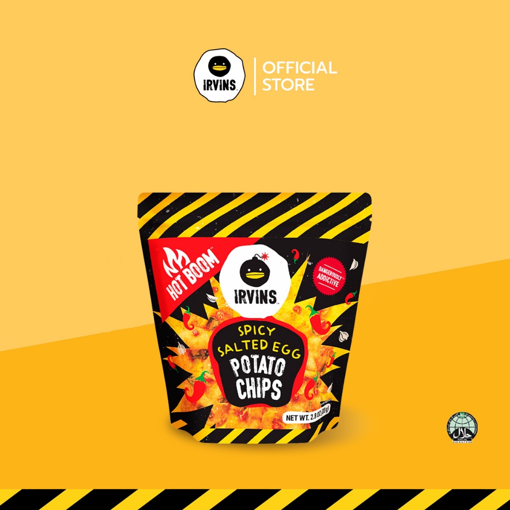 IRVINS มันฝรั่งทอดกรอบเคลือบไข่เค็มรสเผ็ด (Hot Boom Salted Egg Potato Chips) ขนาด 80 g