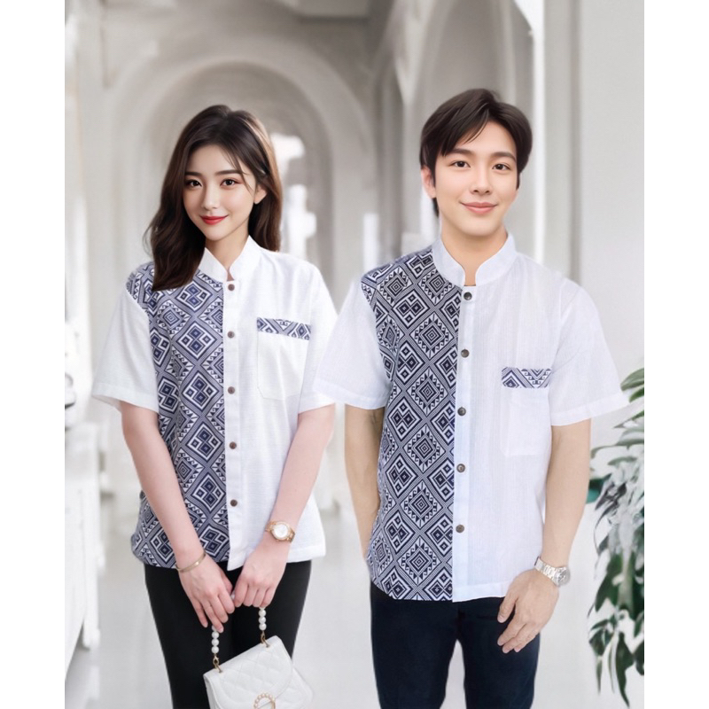 เสื้อพื้นเมืองคอจีนทูโทน คู่ ชาย/หญิง ลายขิด