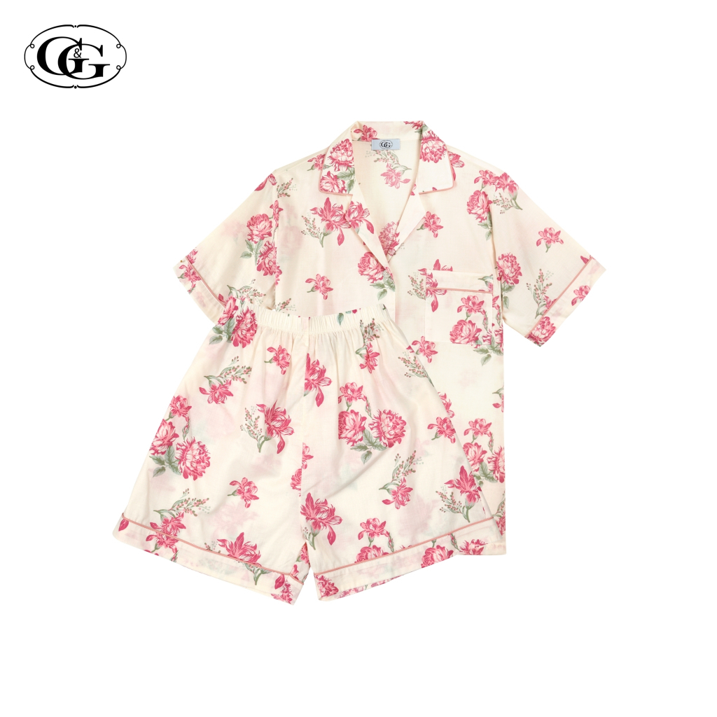 G&G ชุดนอน เสื้อแขนสั้นคอปก กางเกงขาสั้น ผ้าคอตตอน ลายดอกไม้ EN1C004 สีครีม (CR)