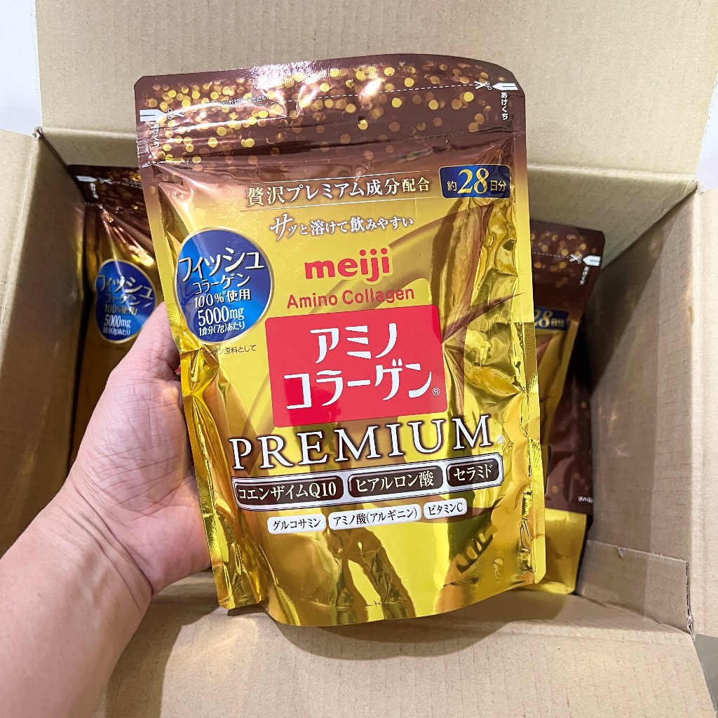 [พร้อมส่ง] แท้จากญี่ปุ่น Meiji Amino Collagen Premium  สูตรเข้มข้น (ถุงสีทอง) คอลลาเจนผงคุณภาพสูง
