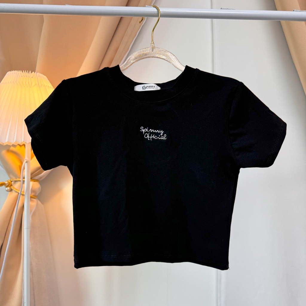 🌈SpinnyHouse🌈เสื้อครอปคอกลมแขนสั้น ผ้ายูนิโค่ยืดเยอะ ปักโลโก้ 💖 สาวอวบใส่ได้ รุ่น ครอปAngel B-008-4-