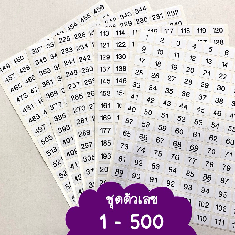 สติ๊กเกอร์ตัวเลข 1-500 สี่เหลี่ยม13x19มม. ชุด5แผ่น เนื้อกระดาษ ไม่กันน้ำ