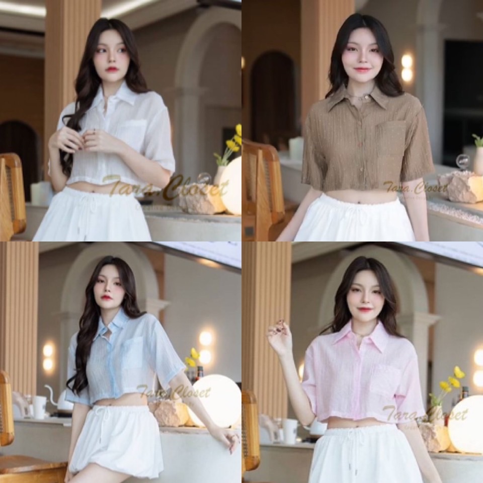 MR013 TARA Shirt Crop เสื้อเชิ้ต ครอป แขนสั้น กระดุมหน้า มีกระเป๋าหน้า เนื้อผ้าเปลือกไม้ติดเพชร ผ้าดี ไม่ต้องรีด ใส่สบาย