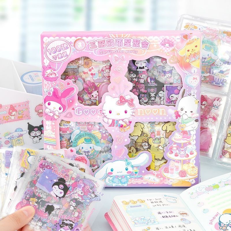 สติกเกอร์ 100แผ่น พร้อมกล่อง ลายการ์ตูน ชุดสติ๊กเกอร์ สติกเกอร์กันน้ำ เครื่องเขียนนักเรียน