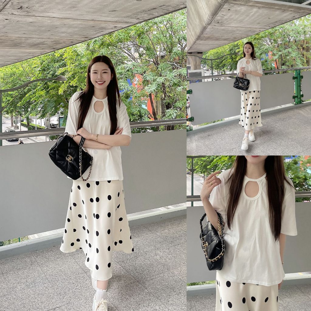 SLYQ BRUNA HOOP OVERSIZED COTTON TOP เสื้อยืดแขนสั้นทรงโอเวอร์ไซส์ เว้าคอหน้า เสื้อยืดสีขาว