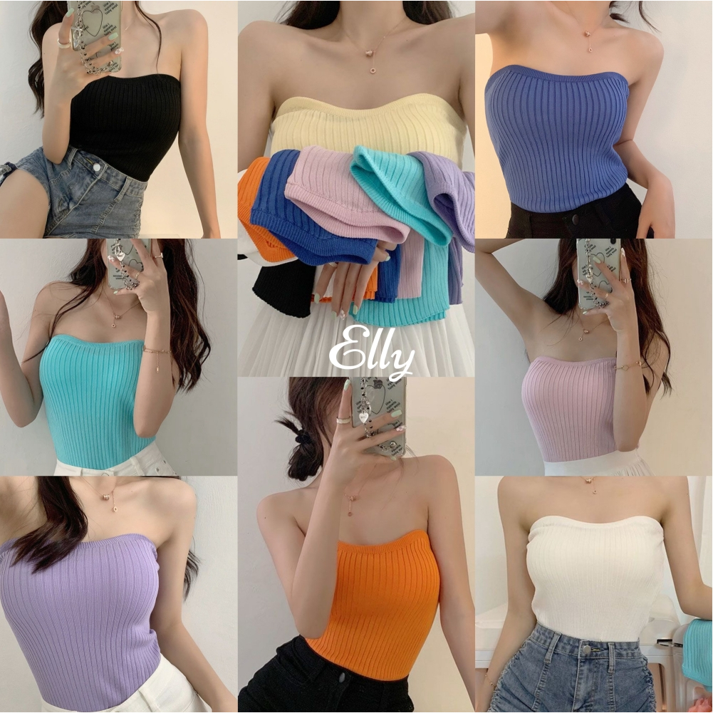 Elly พร้อมส่ง เสื้อเกาะอก เสื้อเกาะอกผ้าไหมพรม ทอร่องใหญ่ยืดได้เนื้อผ้าดีมาก เสื้อครอปปาดไหล่ รัดรูป เสื้อสาวอวบ ชุดไปทะ