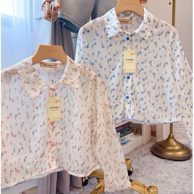 maybeshop🦋เสื้อเชิ้ตแขนยาวผ้าพิมพ์ลายดอก