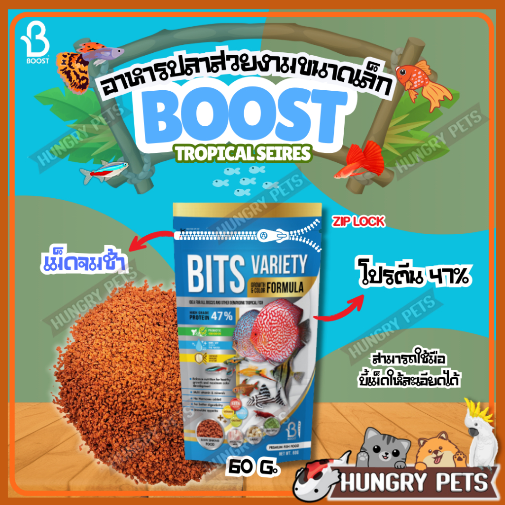 🔵ซองซิปล็อค.EXP.2027 ⏬อาหารปลาเล็กเกรดพรีเมี่ยม Bits Variety (ซองสีฟ้า) ⏬เม็ดจมช้า (Slow sinking) 60