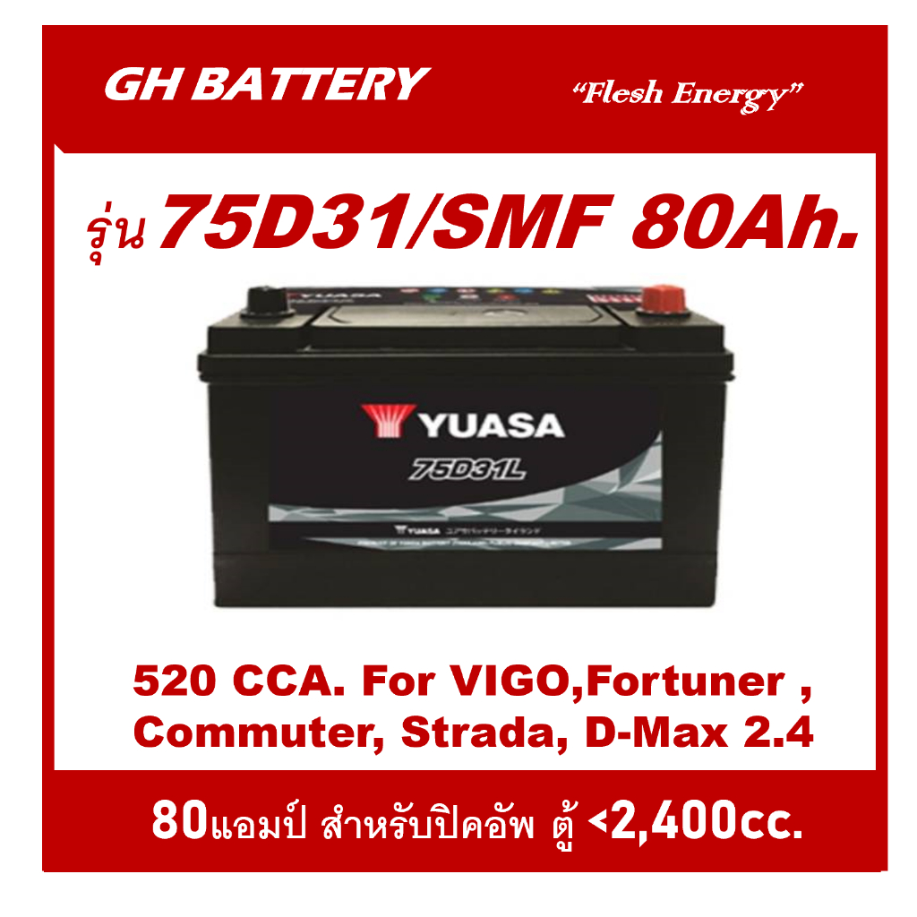 🌕แบตเตอรี่รถยนต์ YUASA รุ่น 75D31L / R , SMF 80Ah. พร้อมใช้ / ไม่ต้องเติมน้ำ /สำหรับรถเก๋ง,ปิคอัพ,SU