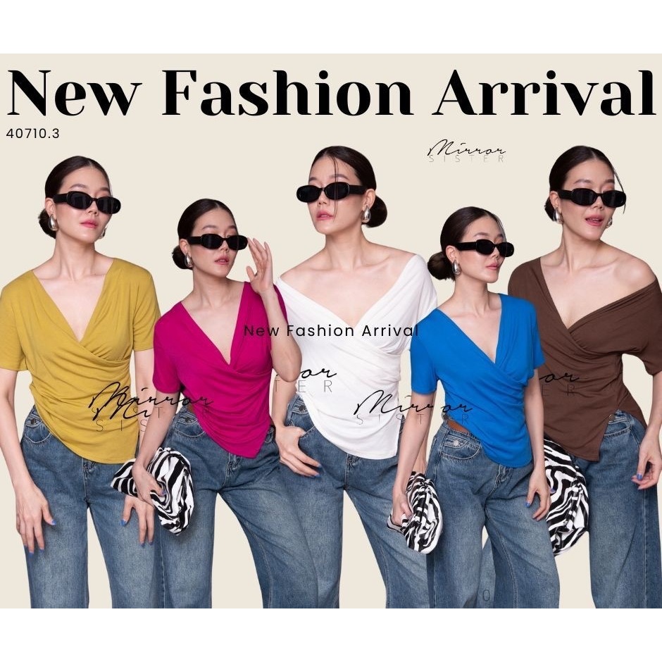 Mirrorsister 40710.3 เสื้อยืด ดีไซน์อกไขว้ทับกัน ชายเสื้อเฉียง ผ่าข้าง สวมใส่สบายยืดได้เยอะ จะใส่เป็นปาดไหล่หรือไหล่ตก