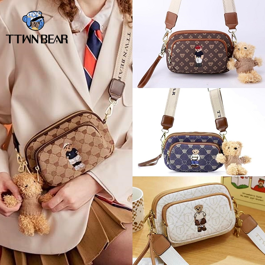 กระเป๋าคาดอก+สะพายข้างได้ 3ซิป TTWN BEAR ของแท้100%งานสายสปอร์ต แถมฟรีพวงกุญแจหมี