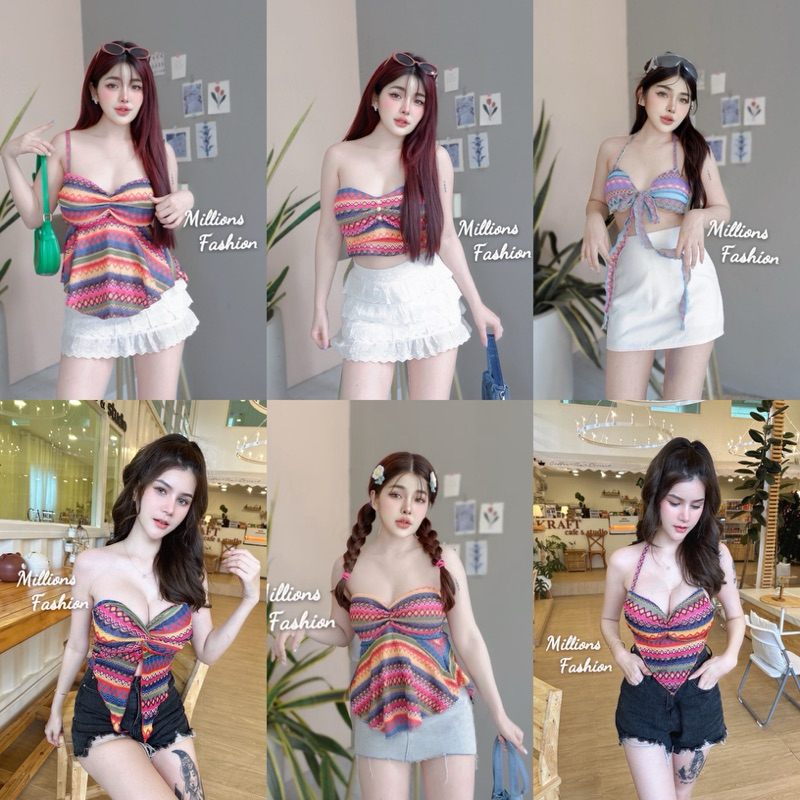 Pangpang เสื้อครอป ผูกคอ เกาะอก ผ้าถักทอ เสริมฟองน้ำ รอบอก32-36