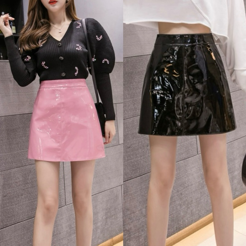 Allshoppa | พร้อมส่ง กระโปรงหนังเงาสไตล์เกาหลี มีซับในกันโปี