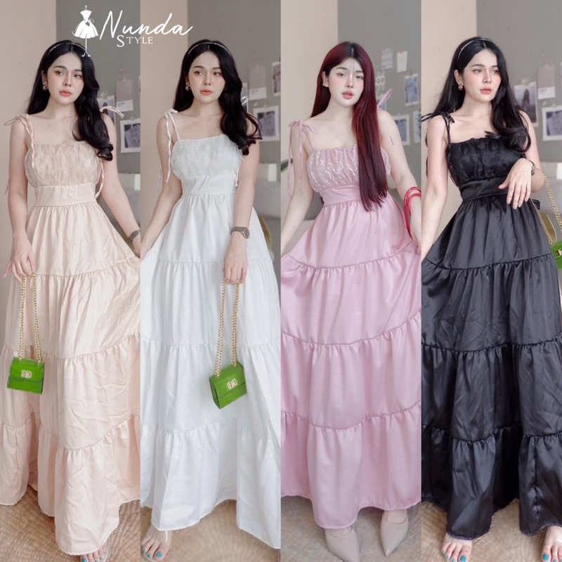 เดรสผูกไหล่สีปั๊วมากแม่ สม๊อกหลัง ตัดต่อระบาย มีโบว์ผูกหลัง