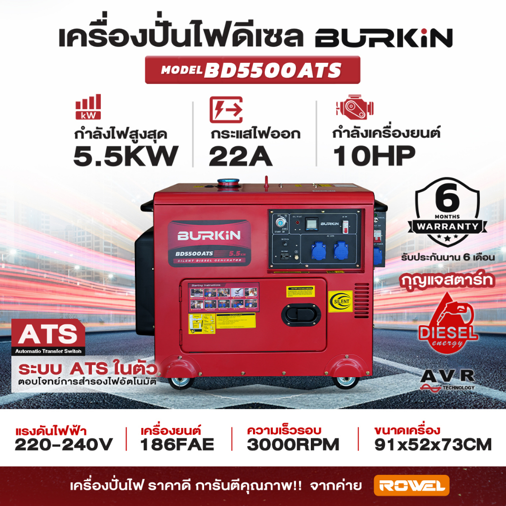 เครื่องปั่นไฟดีเซล BURKiN แบบไดปิด รุ่น BD5500ATS ขนาด 5.5 กิโลวัตต์+ ATS ในตัว
